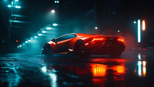 Red sports car on wet neon lit street at night in cityscape.
