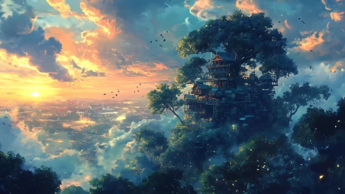 Sunlit sky city cradles a glowing forest treehouse village