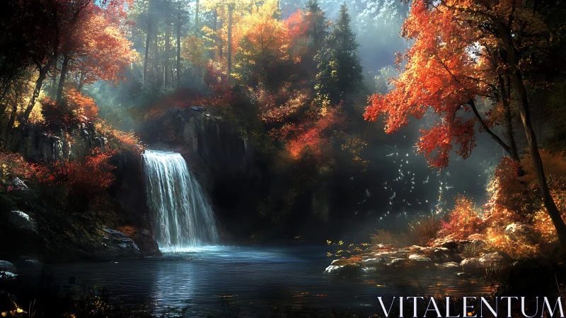 Spellbound autumn cove where silver waterfall hushes daylight.