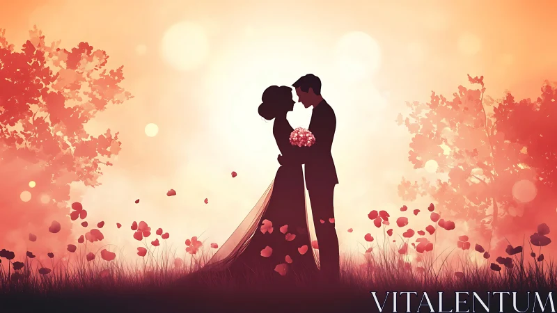 Bride and groom embrace in romantic sunset garden scene.