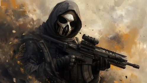 Hooded skull masked operator holds compact rifle amid painterly debris