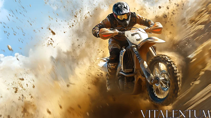 Roaring dirt bike racer kicks up golden sand in full motion