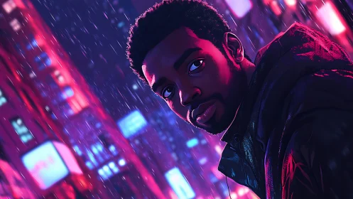 Rain-soaked neon portrait in oblique cyberpunk cityscape frame