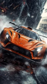 Orange storm rocket knifes through rain-slicked city canyon