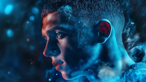 Cyberpunk side-profile portrait with atmospheric neon haze.