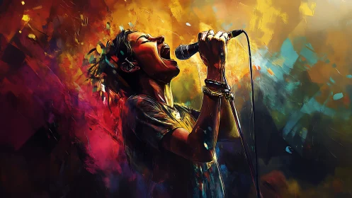 Dynamic vocalist in abstract neon lighting with vivid brush textures