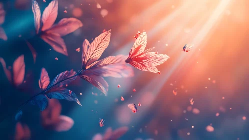 Luminous petals drift through warm ethereal sunset light