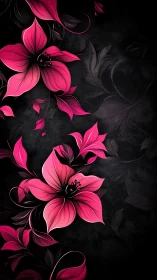 Neon Pink Flowers Against Black Background With Decorative Vines