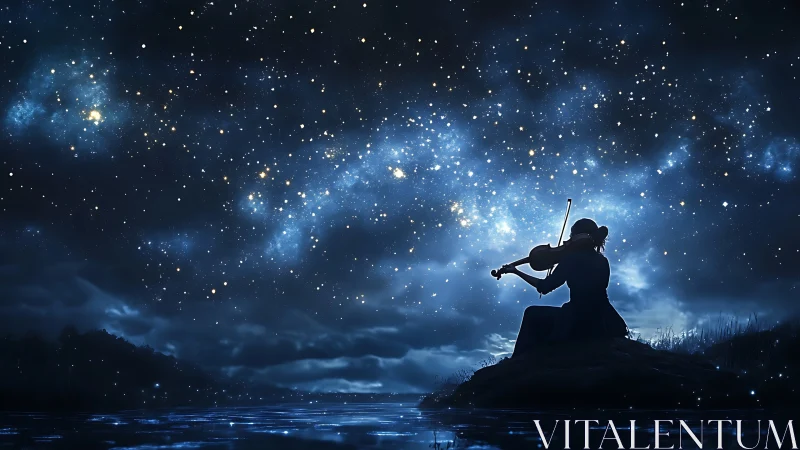 Celestial violin silhouette orchestrating a luminous starfield.