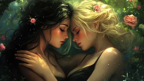 Two Women with Dark and Blonde Hair Embracing in Floral Garden