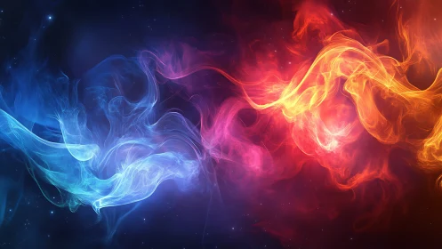 Glowing neon smoke flows clash between cold blue and hot orange fire.