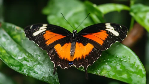 Macro study of orange-black butterfly on wet foliage surface.