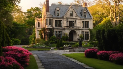 Sunlit manor house stands beyond a garden-lined drive.