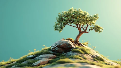 Hilltop bonsai dream basking in gentle turquoise daylight glow.