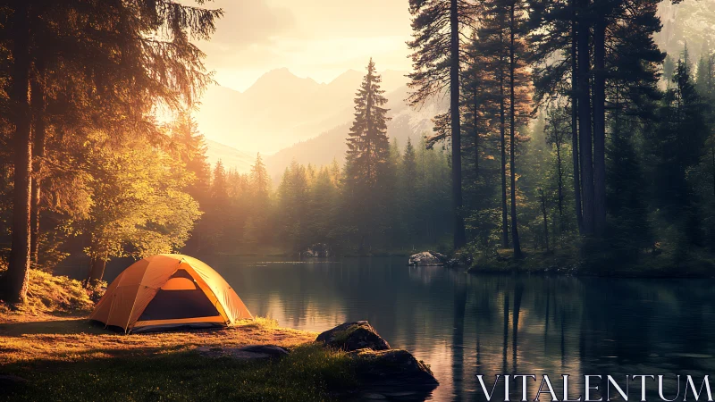 Soft sunrise camp beside quiet forest lake, ready to unwind.