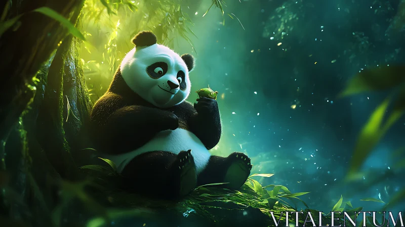 Gentle panda and tiny frog in glowing forest clearing.