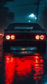Muscle car silhouette under neon rain on reflective asphalt.