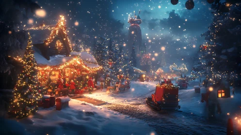 Cinematic 3D Christmas village illuminated by festive lights