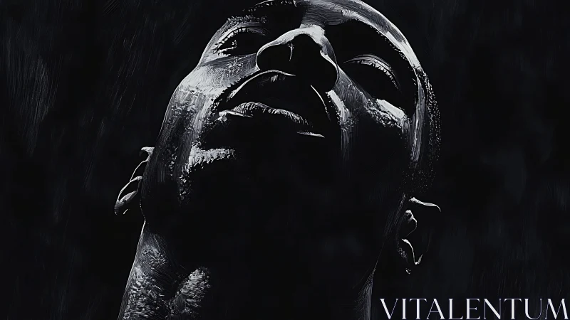 Upward gaze in monochrome, dramatic chiaroscuro portrait.