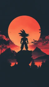 Silhouetted warrior crowns a crimson moonlit horizon