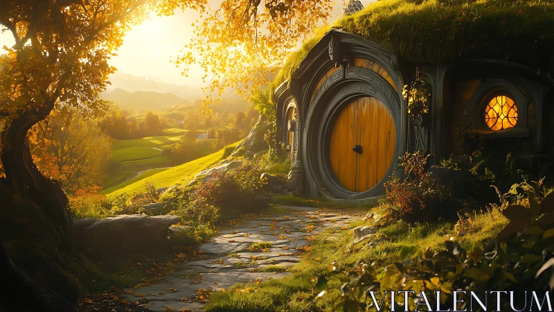 Sunlit hobbit-style hillside home glows in golden dusk.
