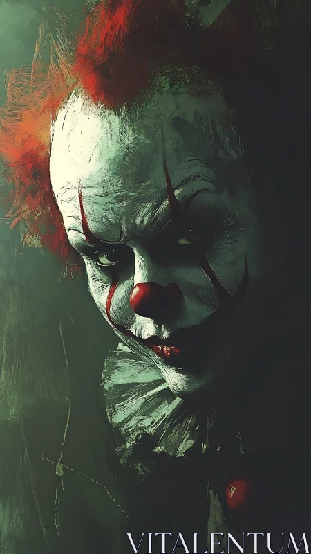 Sinister clown portrait emerges from shadowed green gloom.