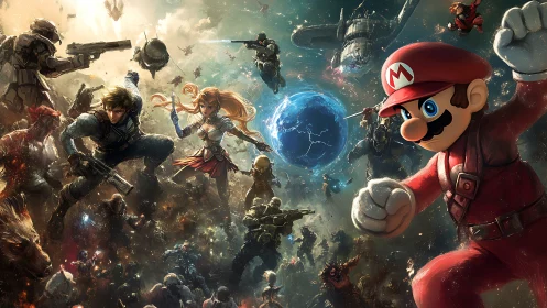 Epic crossover battle with Mario leading cosmic charge.