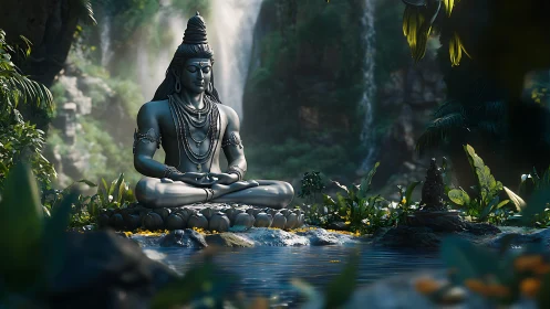 3D meditative Shiva sculpture in lush rainforest grotto setting.