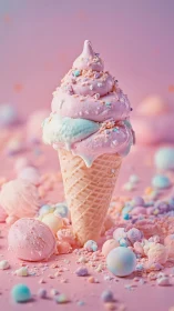 Pastel ice cream cone on monochrome pink background.