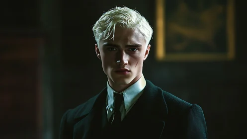 Young male subject stands in low-key, directional lighting