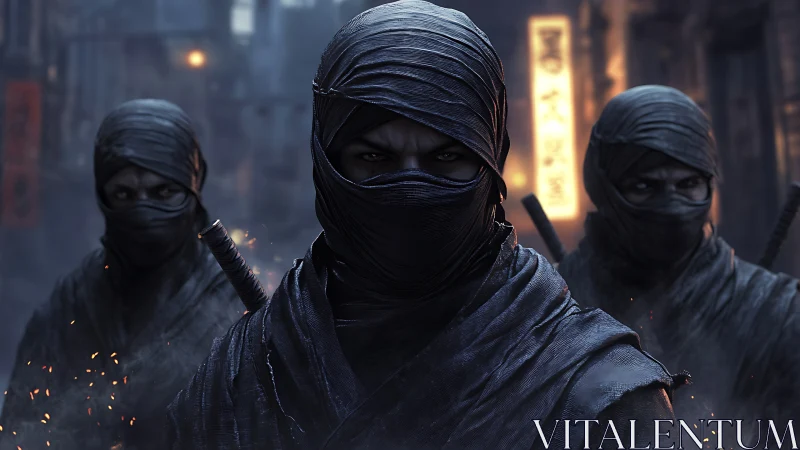 Masked ninjas move through smoky night street with swords.