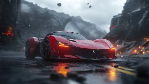 Storm-soaked red supercar glows with power on a wild mountain road