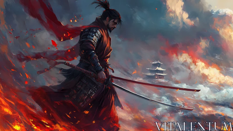 Samurai warrior on burning battlefield with distant pagoda.
