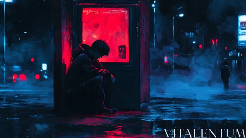 Neon solitude at a midnight vending machine in rain-soaked city.