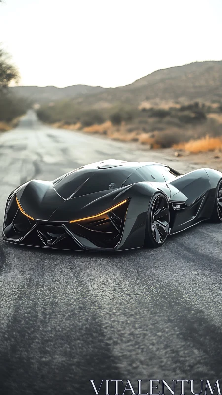 Futuristic black concept supercar on empty desert road.