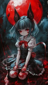 Blood-drenched anime girl under ominous red moon sits alone