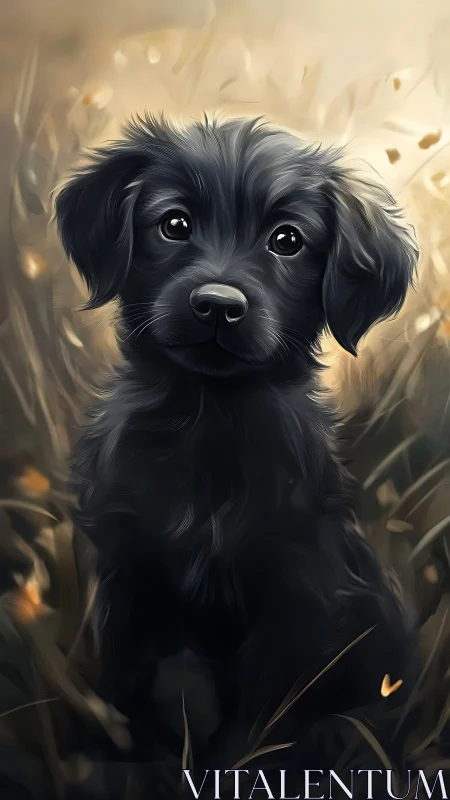 Black puppy portrait in soft golden field light.