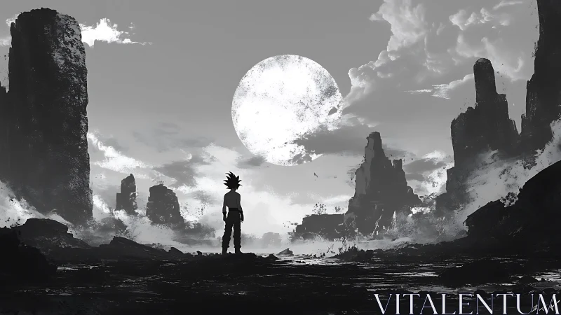 Lone spiky-haired figure surveying monolithic lunar wasteland.