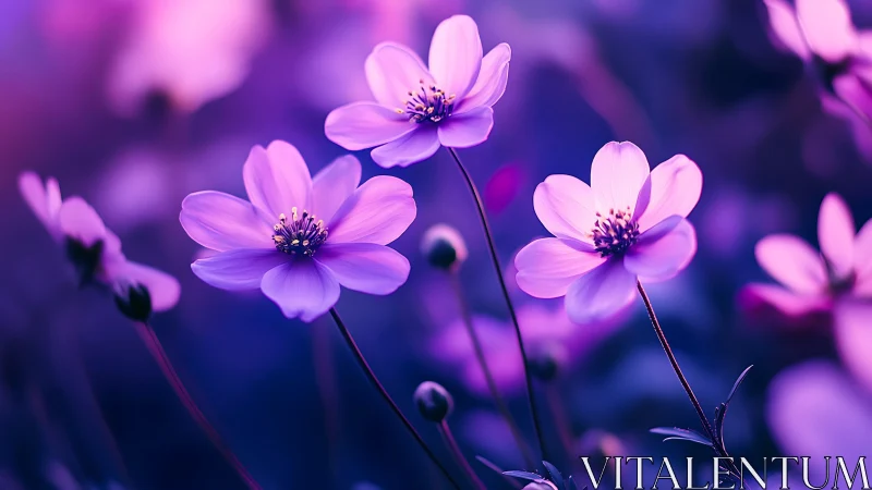 Purple Cosmos Flowers Glowing in Twilight Magic.