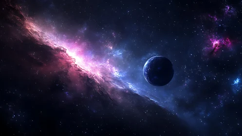 Planetary silhouette intersects radiant magenta-blue nebula