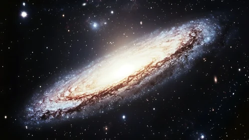 Edge-on spiral galaxy with luminous stellar core in space.