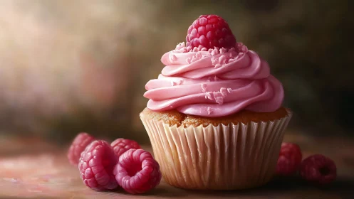Pink Frosted Cupcake with Raspberry Garnish. Elegant dessert creation.