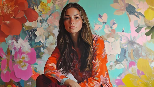 Young woman sits calmly before a vibrant floral mural backdrop