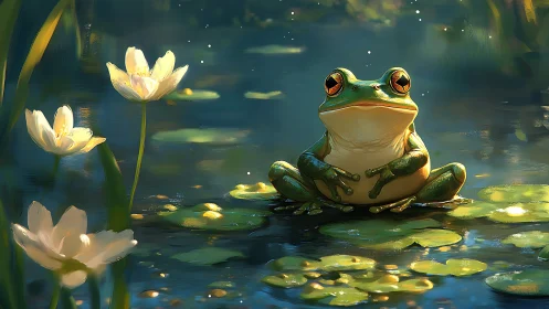 Green frog sits on luminous lily pads in soft evening light