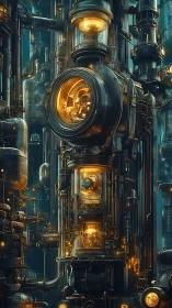 Glowing brass engine towers in a dreamy sci fi workshop.