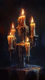 Melted candles on candelabrum rendered in dramatic chiaroscuro