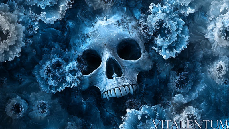 Fractal blue skull enveloped by crystalline floral structures.