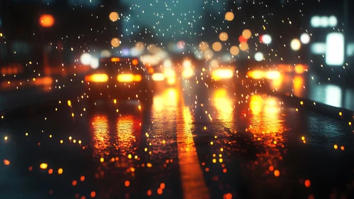 Rain-soaked urban roadway captures defocused nocturnal traffic glow