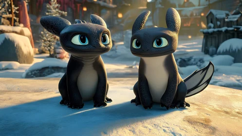 Playful baby dragons sharing a snowy sunset moment together.