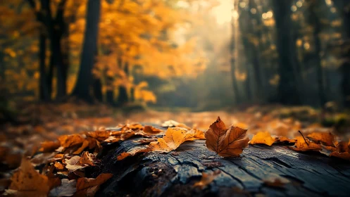 Shallow depth of field isolates autumn leaf on textured forest log
